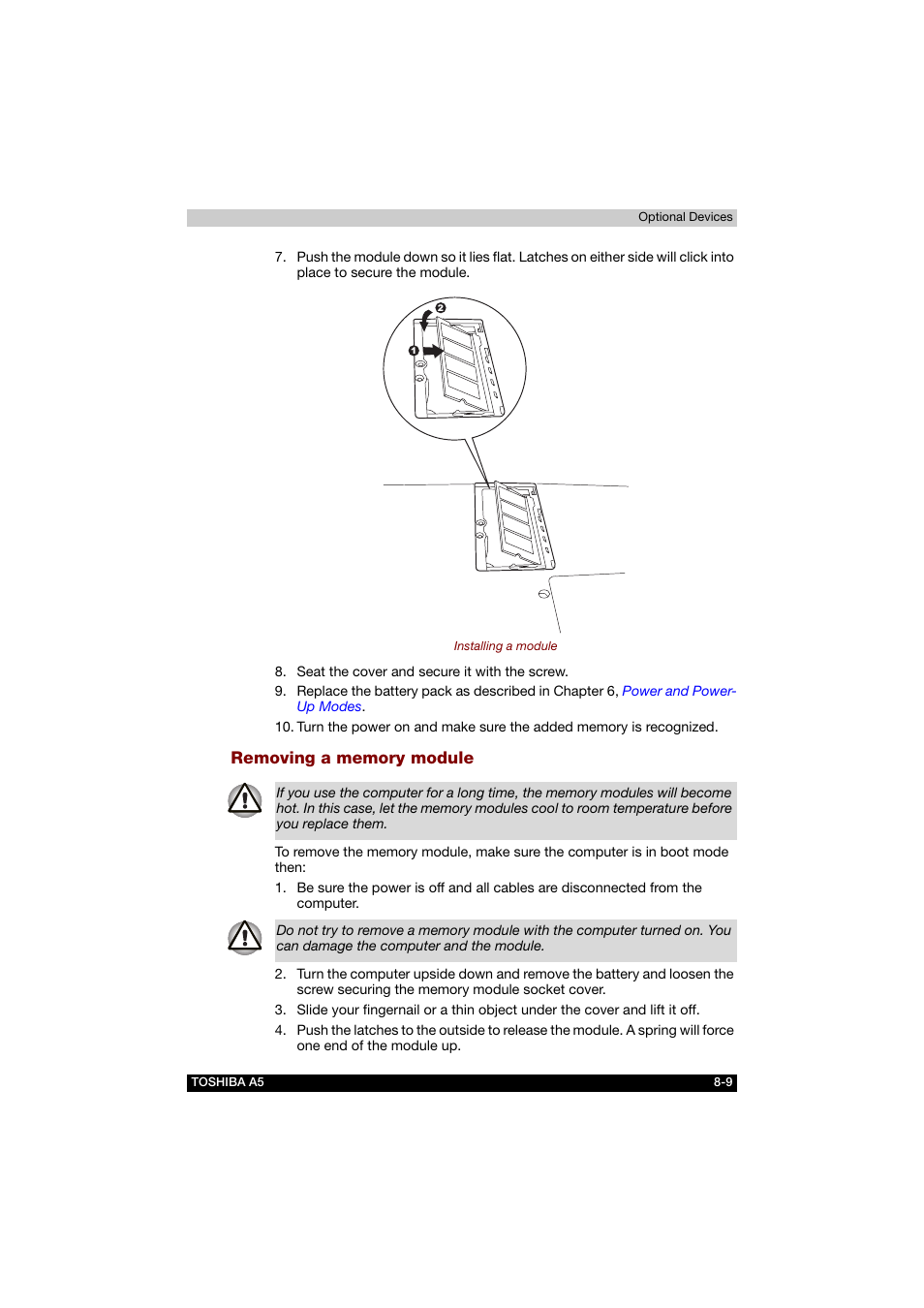 Removing a memory module | Toshiba Tecra A5 User Manual | Page 129 / 178