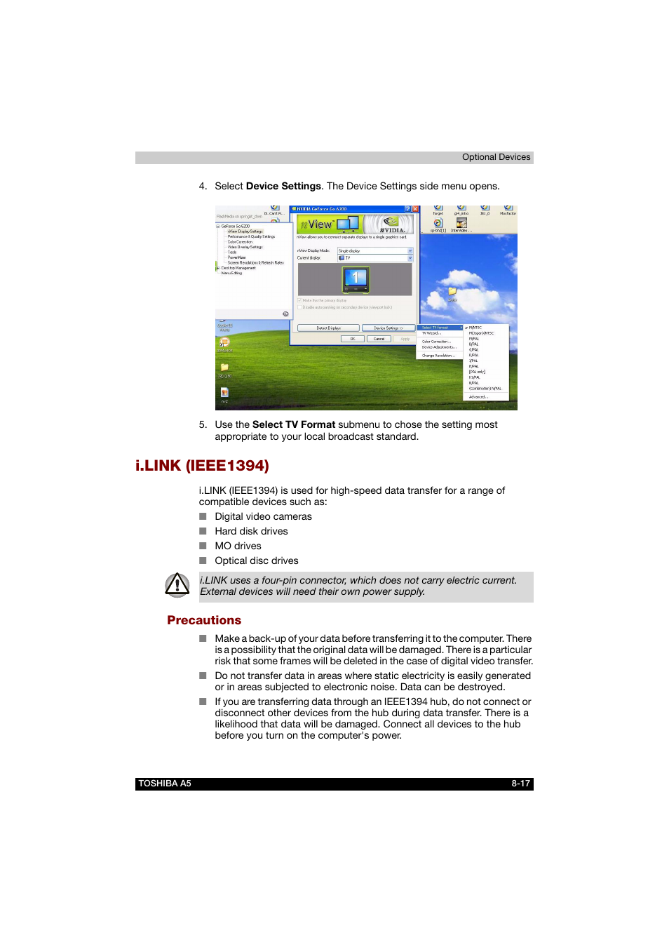 I.link (ieee1394), Precautions, I.link (ieee1394) -17 | Toshiba Tecra A5 User Manual | Page 137 / 178