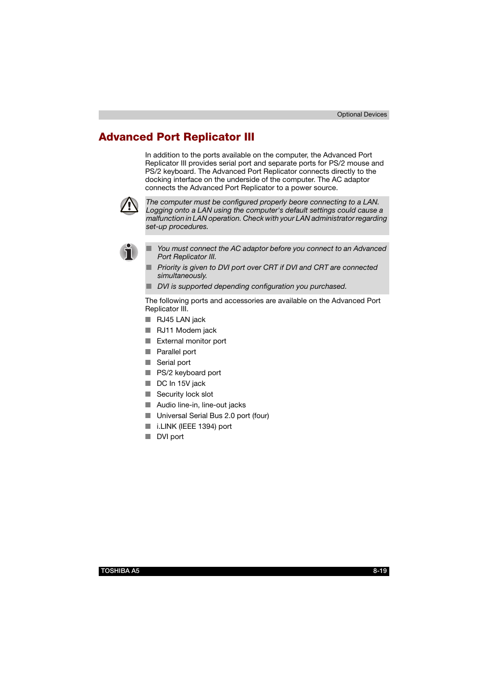 Advanced port replicator iii, Advanced port replicator iii -19 | Toshiba Tecra A5 User Manual | Page 139 / 178