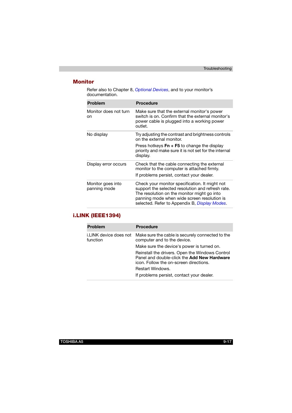 Monitor, I.link (ieee1394) | Toshiba Tecra A5 User Manual | Page 156 / 178