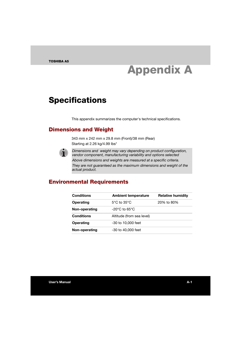 Appendix a: specifications, Dimensions and weight, Environmental requirements | Appendix a specifications, E appendices, Appendix a, Specifications | Toshiba Tecra A5 User Manual | Page 158 / 178