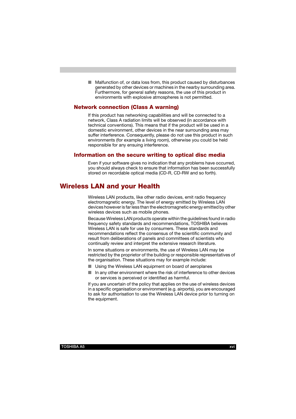 Wireless lan and your health | Toshiba Tecra A5 User Manual | Page 16 / 178