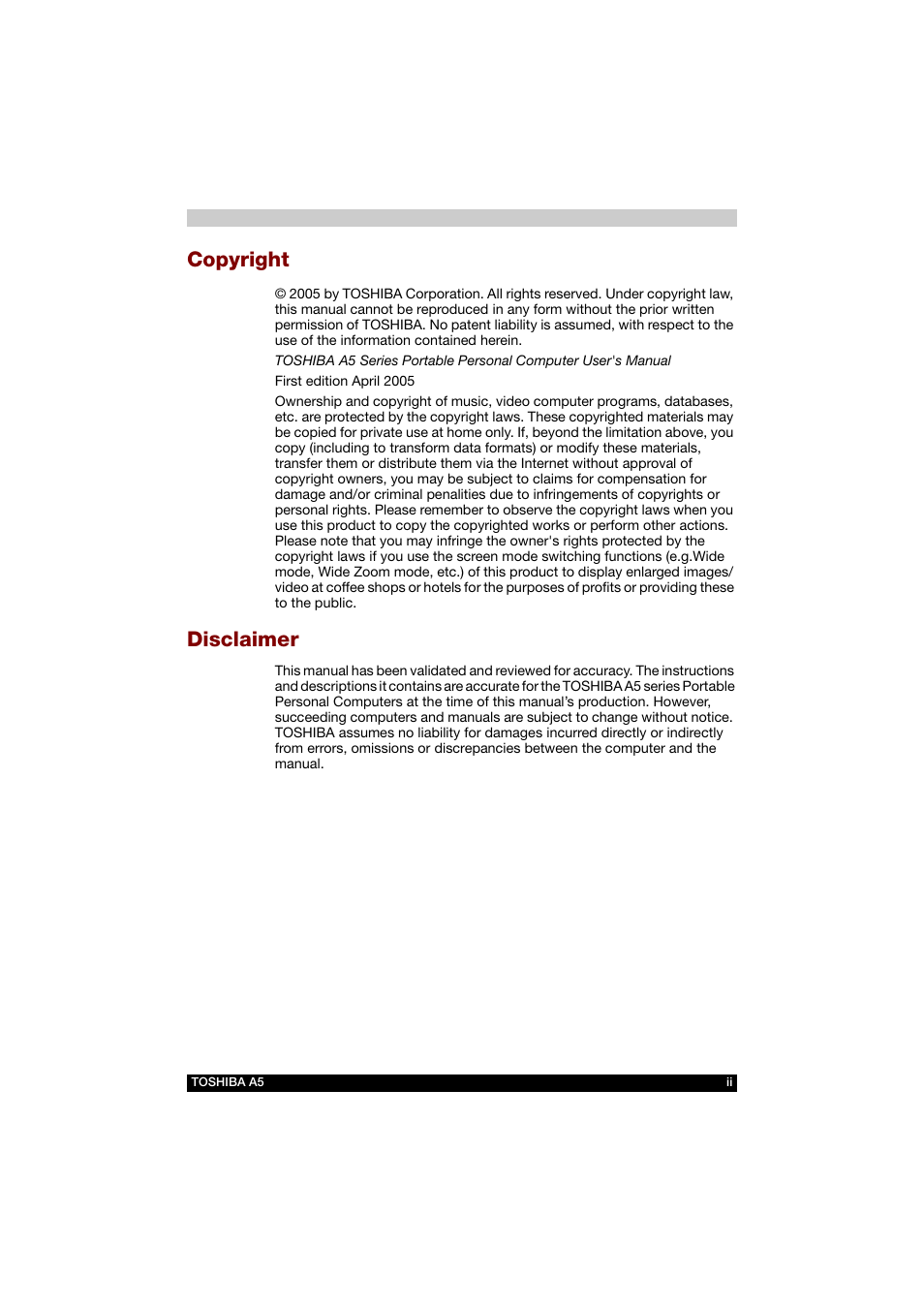 Copyright, Disclaimer | Toshiba Tecra A5 User Manual | Page 2 / 178