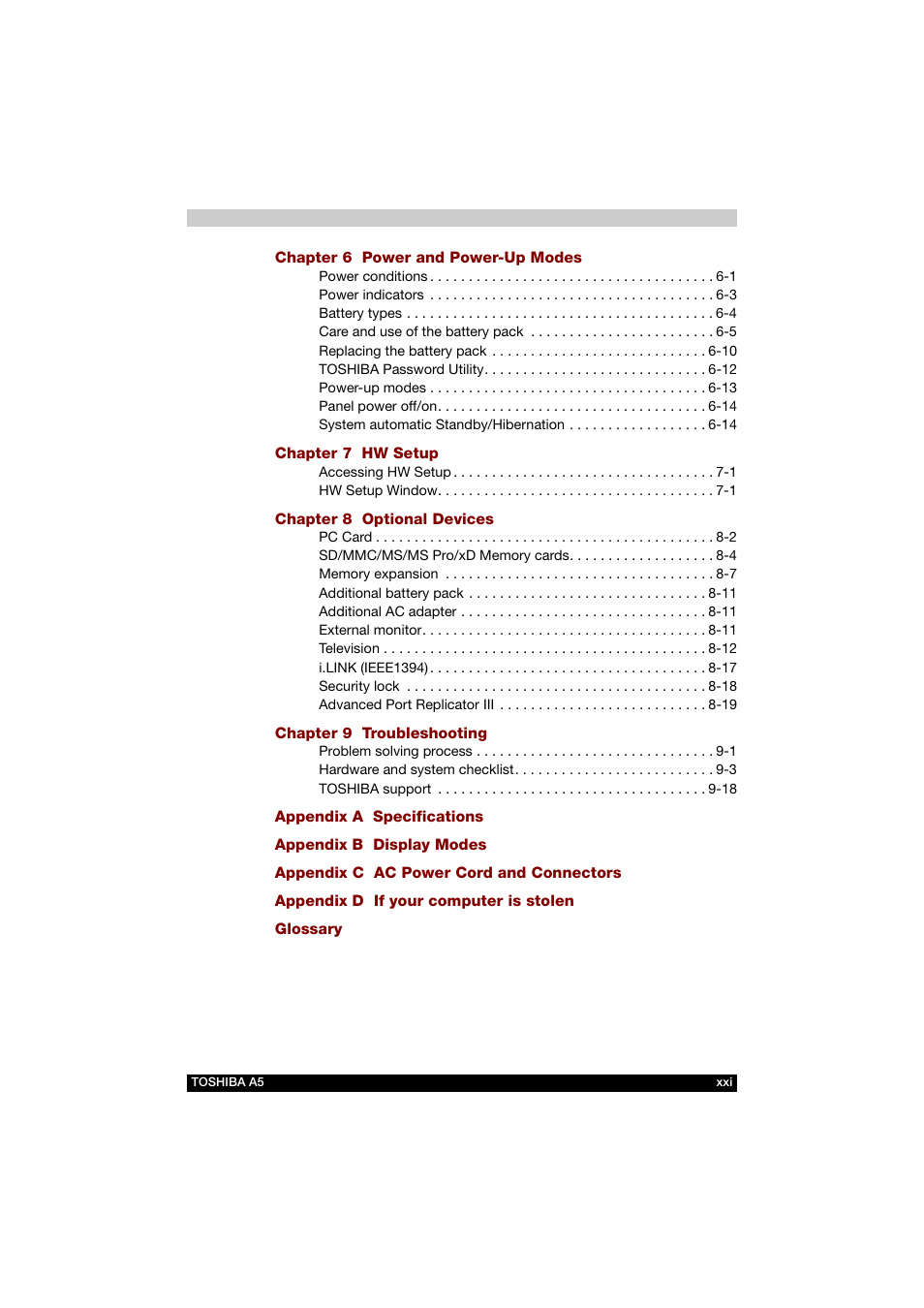 Power and power-up modes, Hw setup, Optional devices | Troubleshooting, Specifications, Display modes, Ac power cord and connectors, If your computer is stolen, Glossary | Toshiba Tecra A5 User Manual | Page 21 / 178