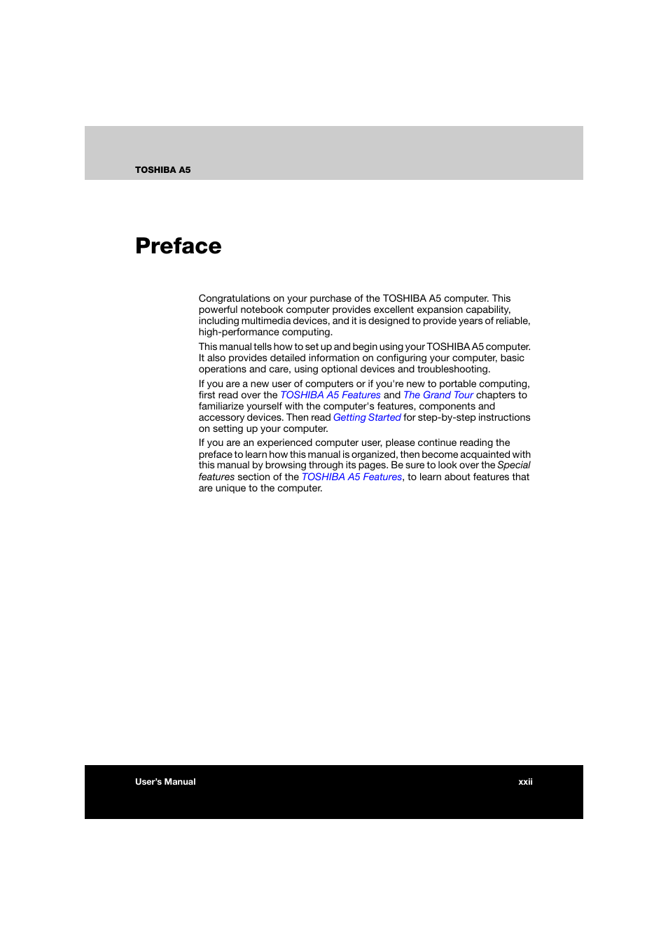 Preface | Toshiba Tecra A5 User Manual | Page 22 / 178