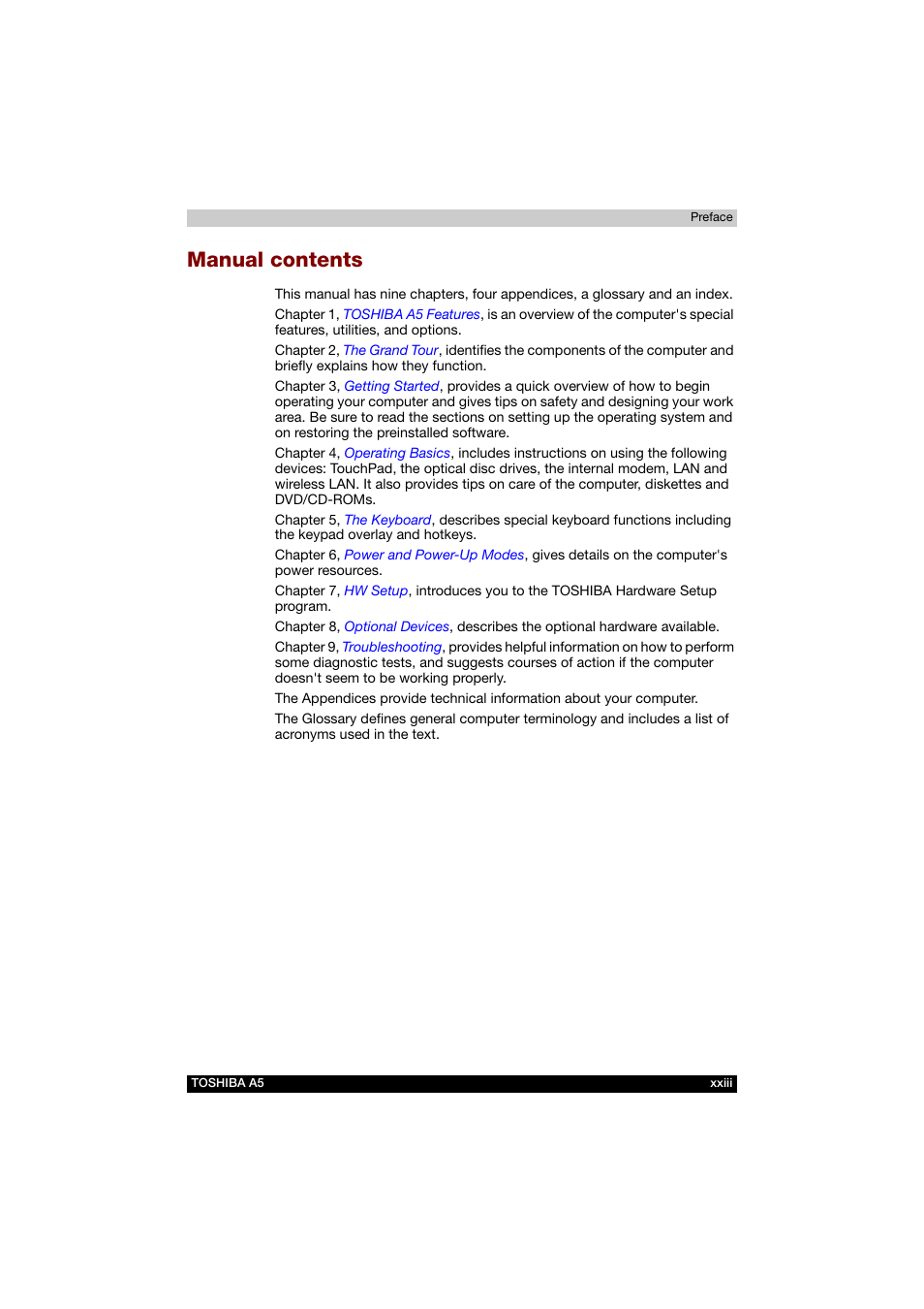 Manual contents | Toshiba Tecra A5 User Manual | Page 23 / 178