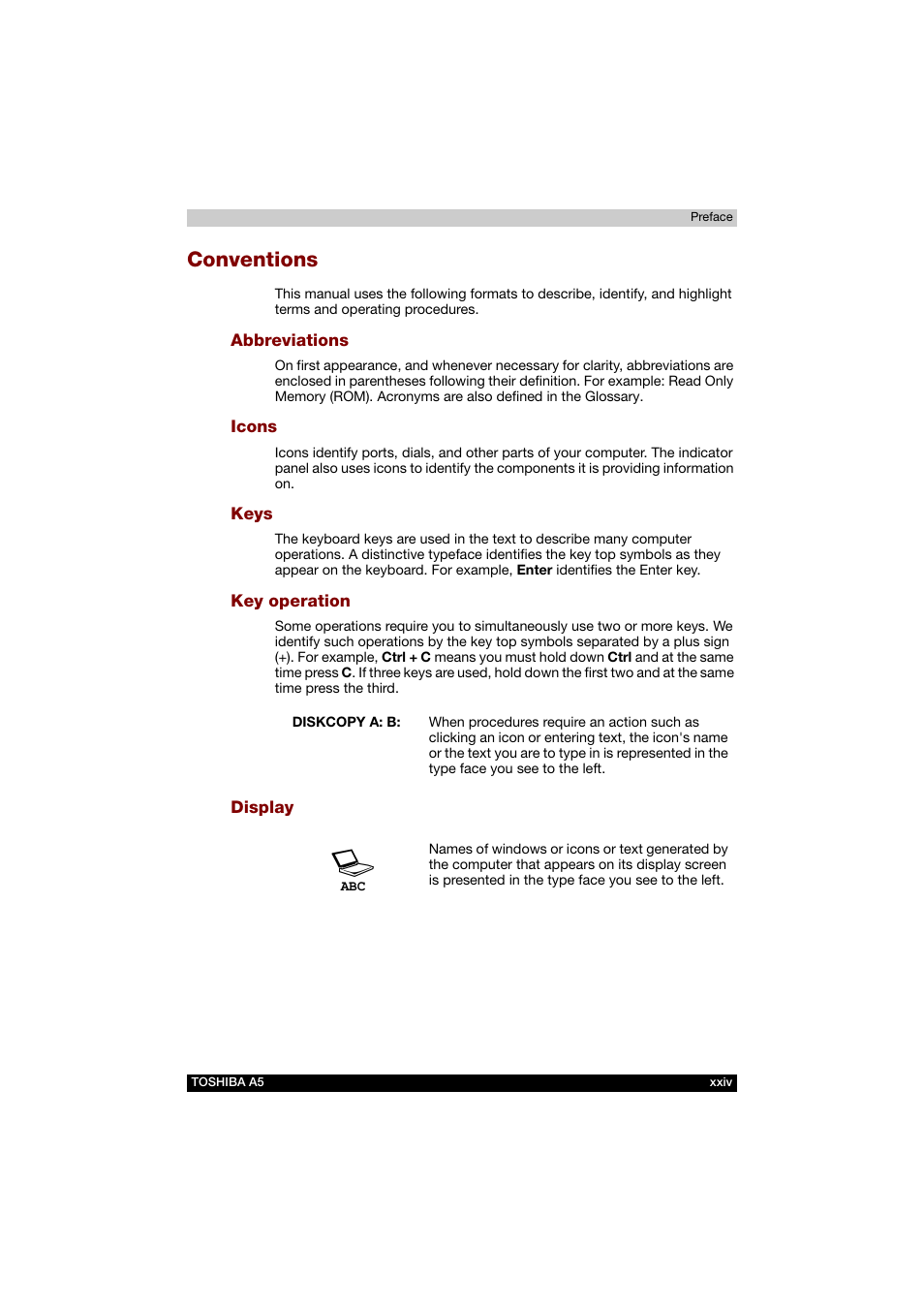 Abbreviations, Icons, Keys | Key operation, Display, Conventions | Toshiba Tecra A5 User Manual | Page 24 / 178