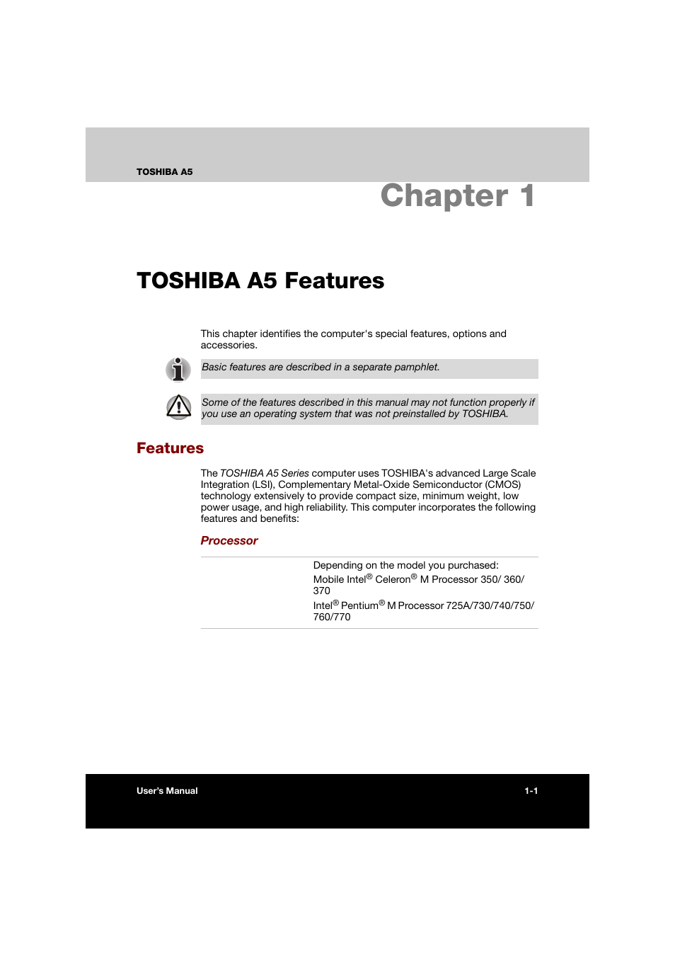 Chapter 1: toshiba a5 features, Features, Chapter 1 toshiba a5 features | Features -1, Toshiba a5 features, Chapter 1 | Toshiba Tecra A5 User Manual | Page 28 / 178