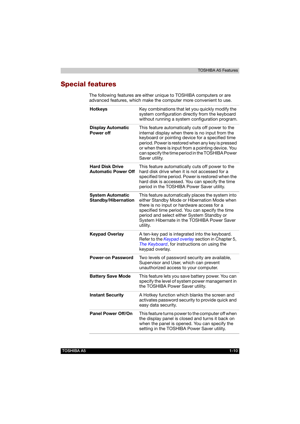Special features, Special features -10 | Toshiba Tecra A5 User Manual | Page 37 / 178