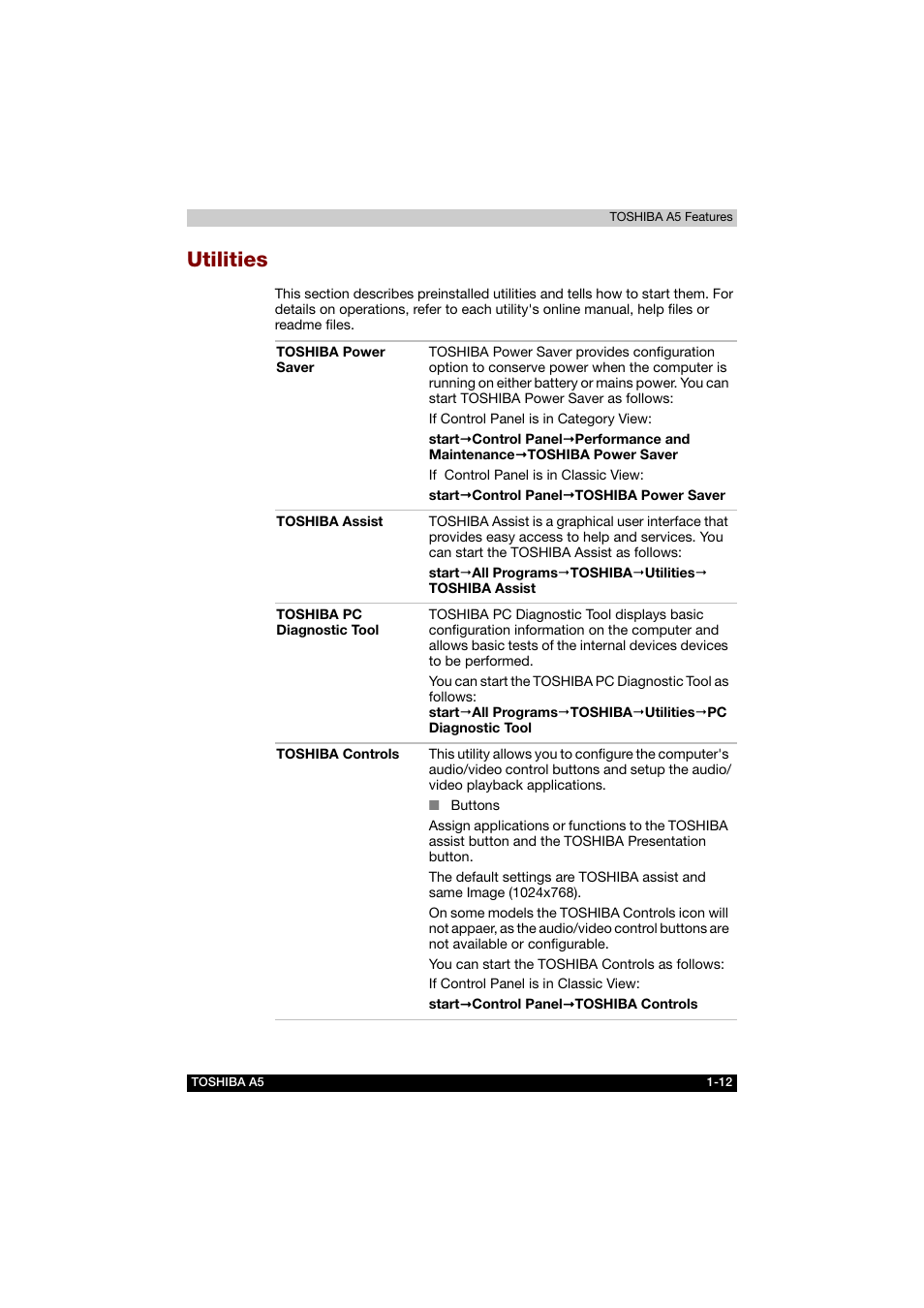 Utilities, Utilities -12 | Toshiba Tecra A5 User Manual | Page 39 / 178