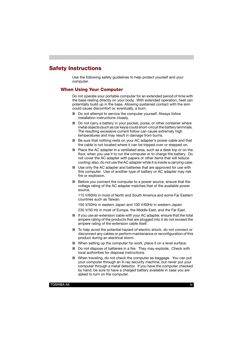 Safety instructions | Toshiba Tecra A5 User Manual | Page 4 / 178