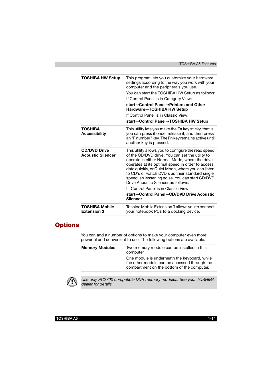 Options, Options -14 | Toshiba Tecra A5 User Manual | Page 41 / 178