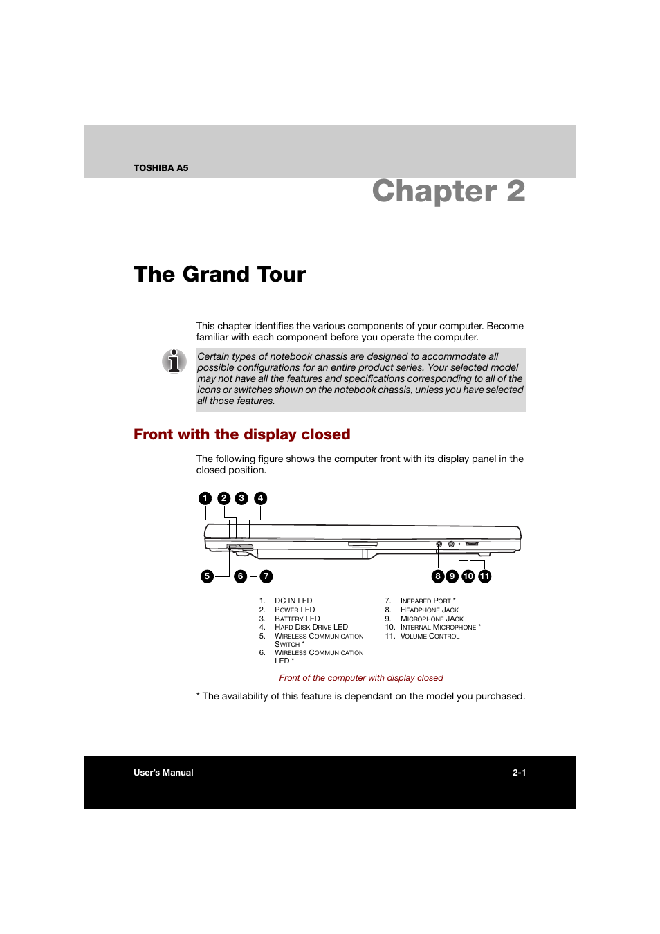 Chapter 2: the grand tour, Front with the display closed, Chapter 2 the grand tour | Front with the display closed -1, The grand tour, Chapter 2 | Toshiba Tecra A5 User Manual | Page 43 / 178