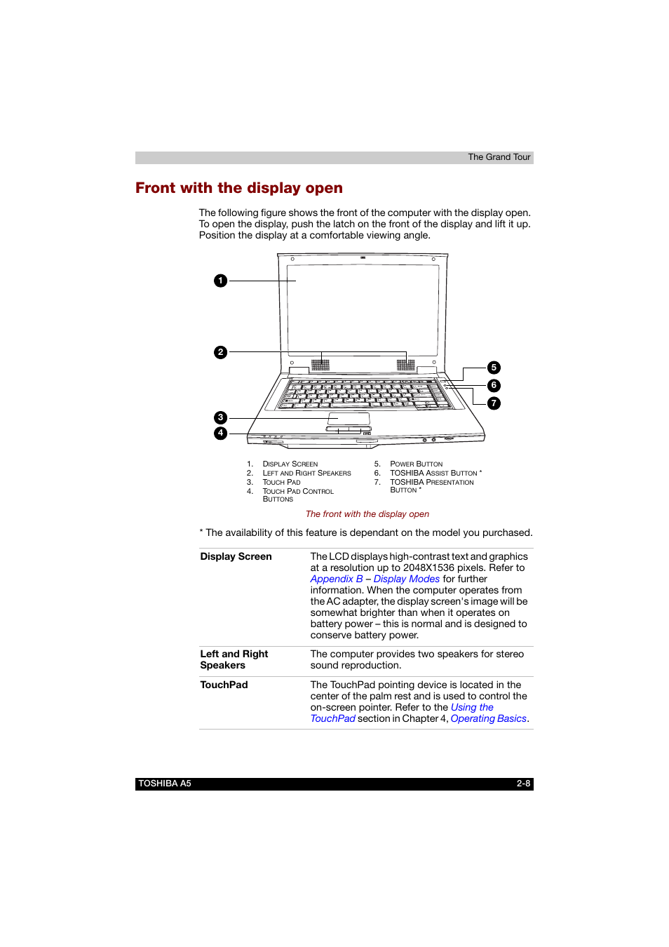 Front with the display open, Front with the display open -8 | Toshiba Tecra A5 User Manual | Page 50 / 178