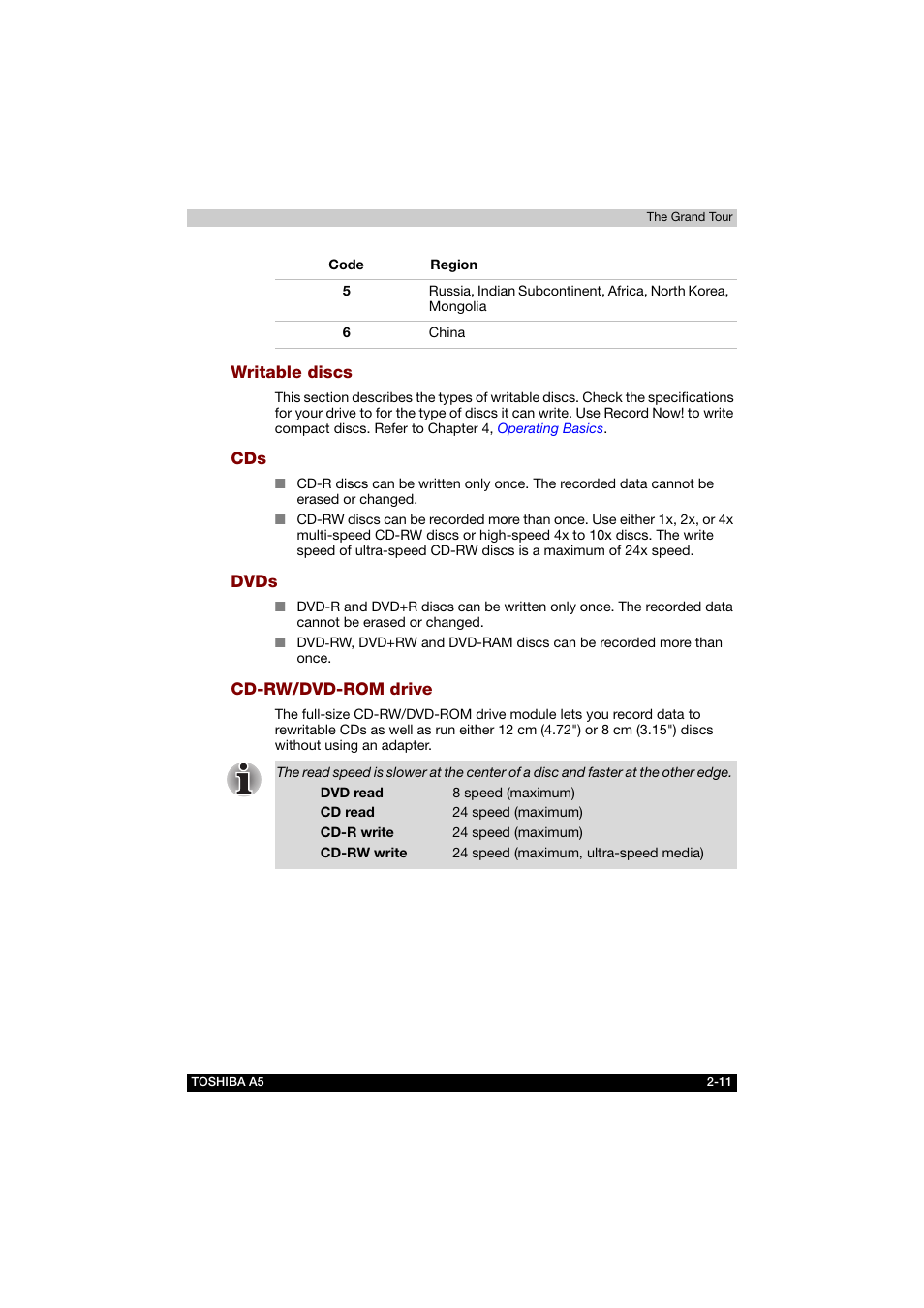Writable discs, Dvds, Cd-rw/dvd-rom drive | Toshiba Tecra A5 User Manual | Page 53 / 178