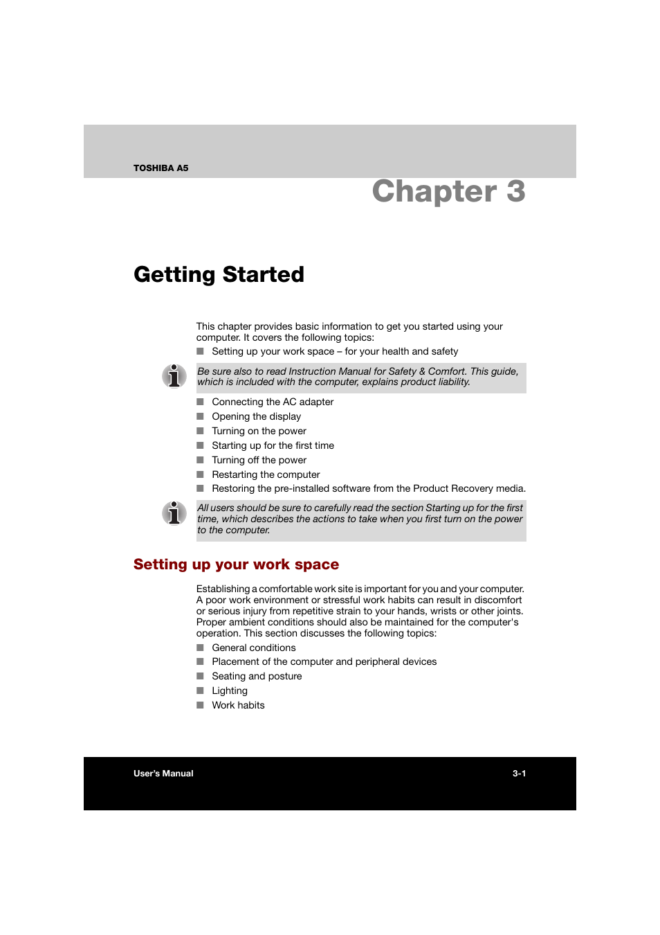 Chapter 3: getting started, Setting up your work space, Chapter 3 getting started | Setting up your work space -1, Getting started, For step-by-step, Getting, Started, Chapter 3 | Toshiba Tecra A5 User Manual | Page 57 / 178