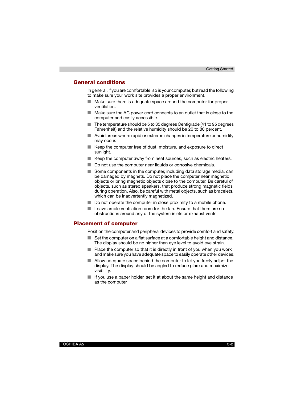 General conditions, Placement of computer | Toshiba Tecra A5 User Manual | Page 58 / 178