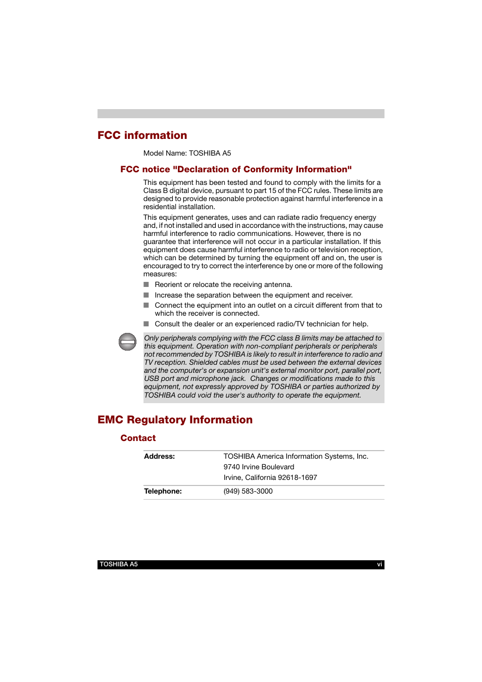 Fcc information, Emc regulatory information | Toshiba Tecra A5 User Manual | Page 6 / 178