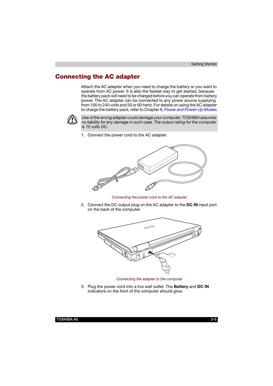 Connecting the ac adapter, Connecting the ac adapter -5 | Toshiba Tecra A5 User Manual | Page 61 / 178