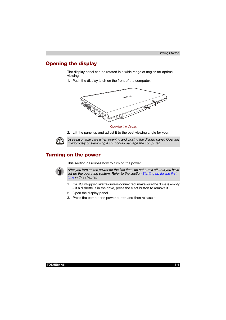 Opening the display, Turning on the power, Opening the display -6 turning on the power -6 | Toshiba Tecra A5 User Manual | Page 62 / 178