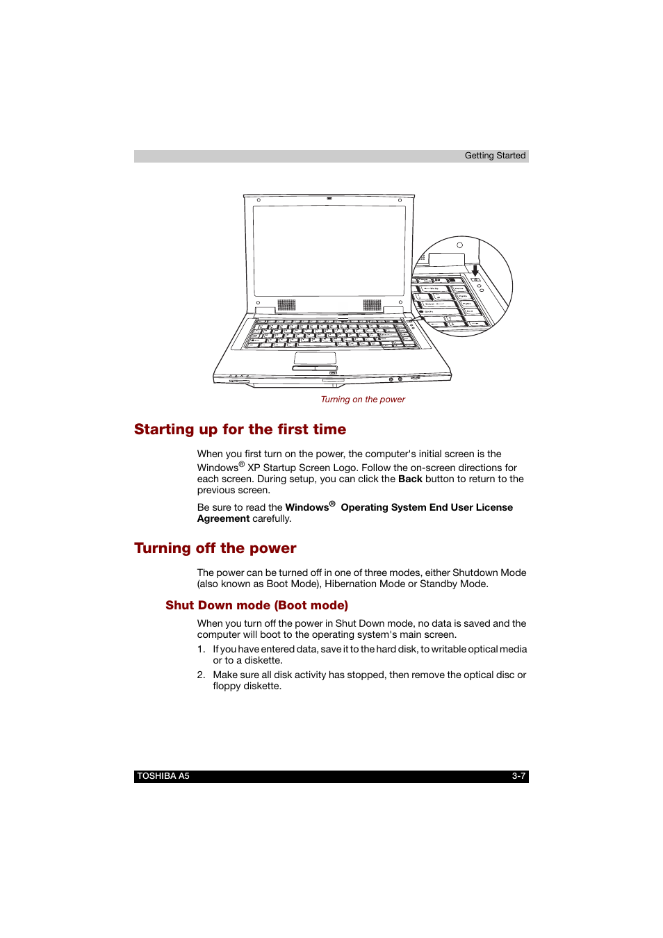 Starting up for the first time, Turning off the power, Shut down mode (boot mode) | Turning, Off the power | Toshiba Tecra A5 User Manual | Page 63 / 178