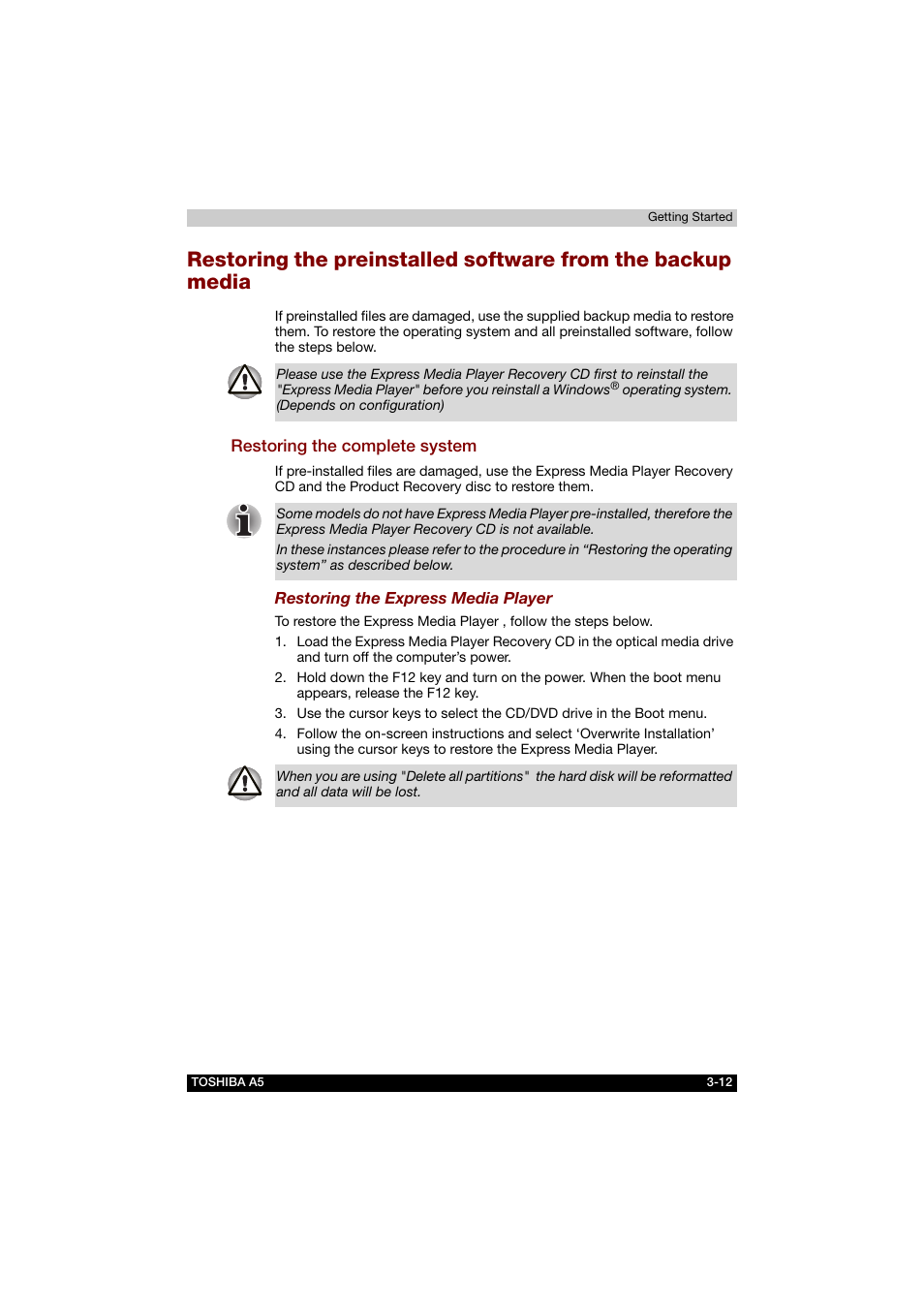 Restoring the complete system | Toshiba Tecra A5 User Manual | Page 68 / 178