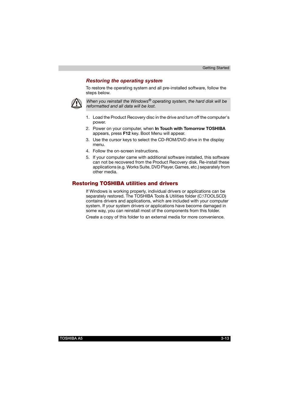 Restoring toshiba utilities and drivers | Toshiba Tecra A5 User Manual | Page 69 / 178