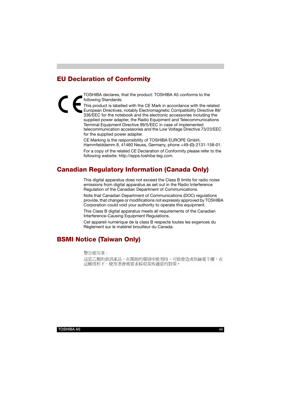 Bsmi notice (taiwan only) | Toshiba Tecra A5 User Manual | Page 7 / 178