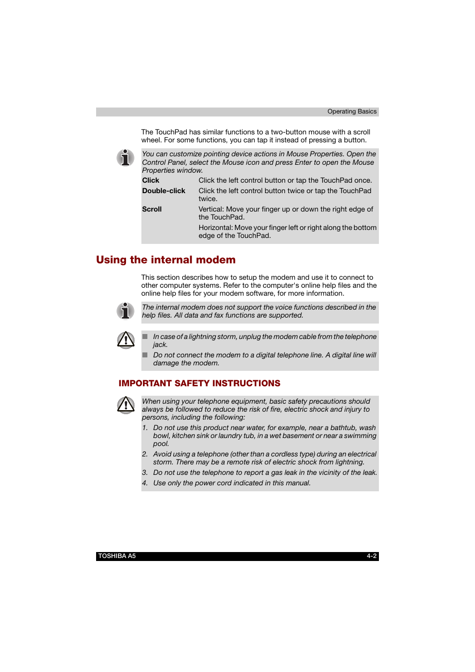 Using the internal modem, Important safety instructions, Using the internal modem -2 | Toshiba Tecra A5 User Manual | Page 71 / 178