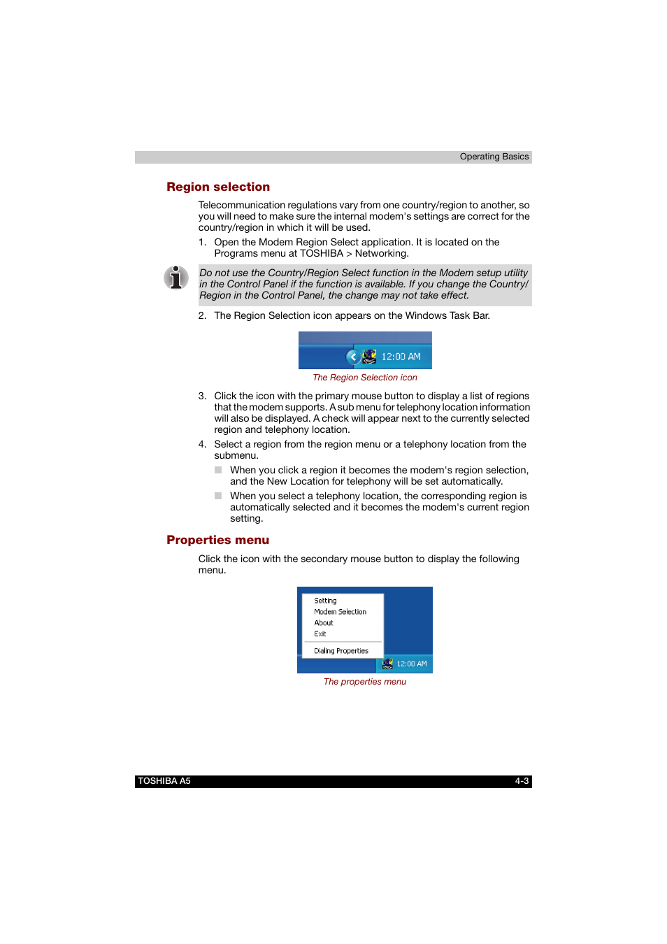 Region selection, Properties menu | Toshiba Tecra A5 User Manual | Page 72 / 178