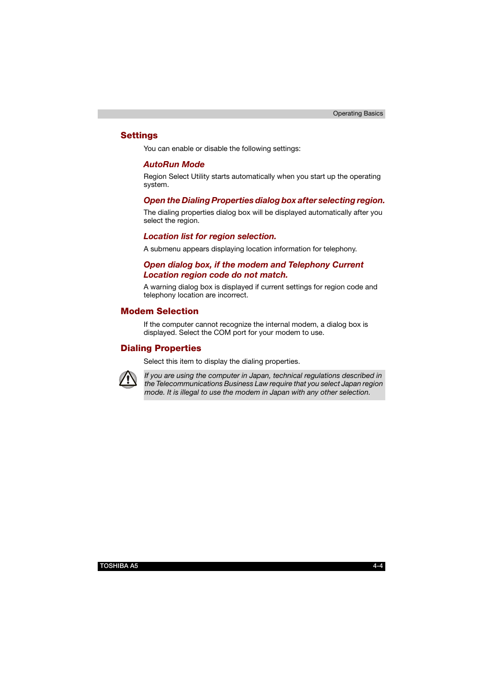 Settings, Modem selection, Dialing properties | Toshiba Tecra A5 User Manual | Page 73 / 178