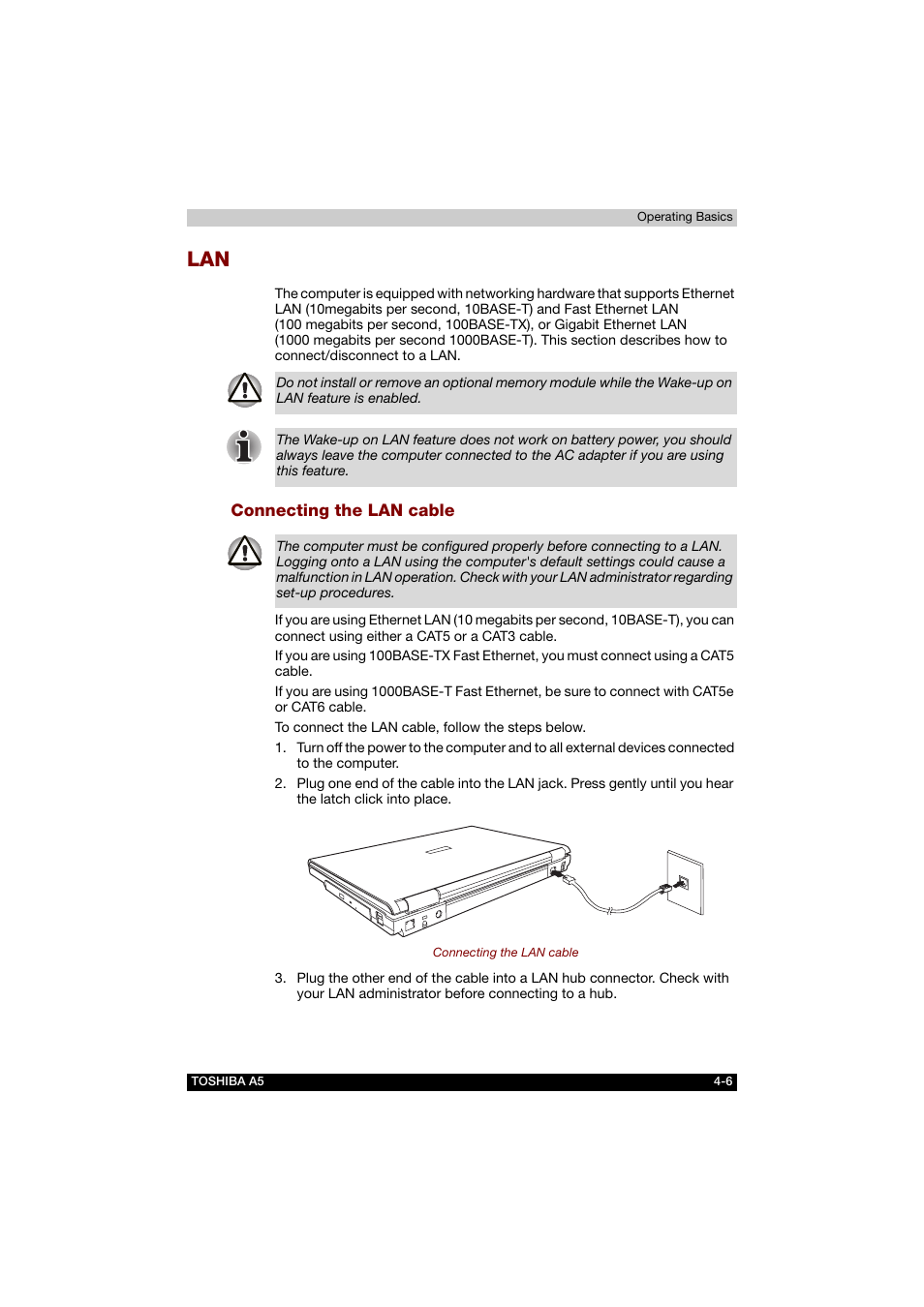 Connecting the lan cable, Lan -6 | Toshiba Tecra A5 User Manual | Page 75 / 178