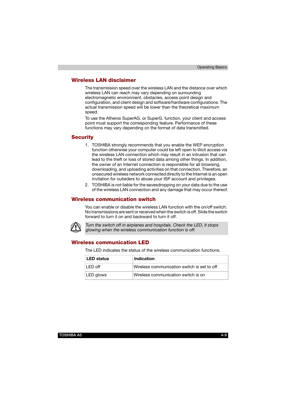 Wireless lan disclaimer, Security, Wireless communication switch | Wireless communication led | Toshiba Tecra A5 User Manual | Page 78 / 178