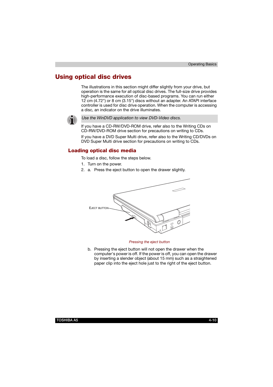 Using optical disc drives, Loading optical disc media, Using optical disc drives -10 | Toshiba Tecra A5 User Manual | Page 79 / 178