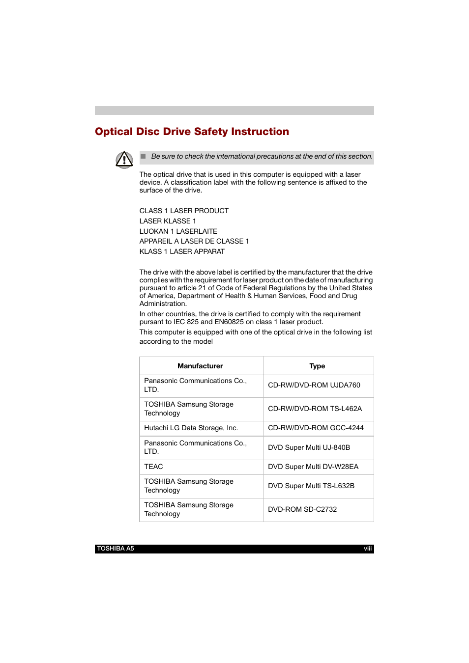 Optical disc drive safety instruction | Toshiba Tecra A5 User Manual | Page 8 / 178