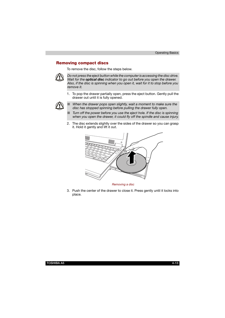 Removing compact discs | Toshiba Tecra A5 User Manual | Page 82 / 178