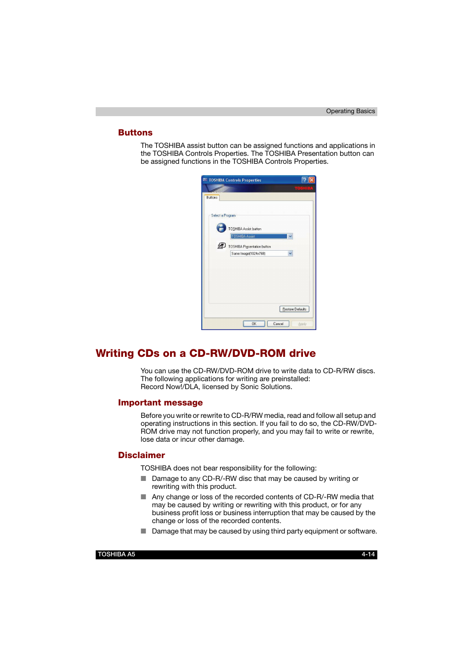 Buttons, Writing cds on a cd-rw/dvd-rom drive, Important message | Disclaimer, Writing cds on a cd-rw/dvd-rom drive -14 | Toshiba Tecra A5 User Manual | Page 83 / 178