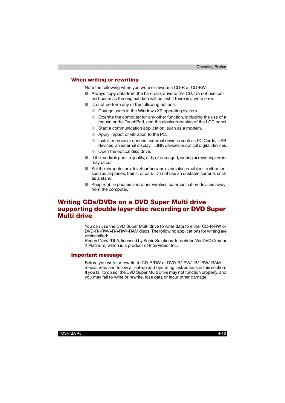 When writing or rewriting, Important message | Toshiba Tecra A5 User Manual | Page 85 / 178