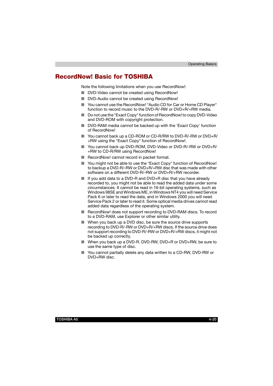 Recordnow! basic for toshiba, Recordnow! basic for toshiba -20 | Toshiba Tecra A5 User Manual | Page 89 / 178