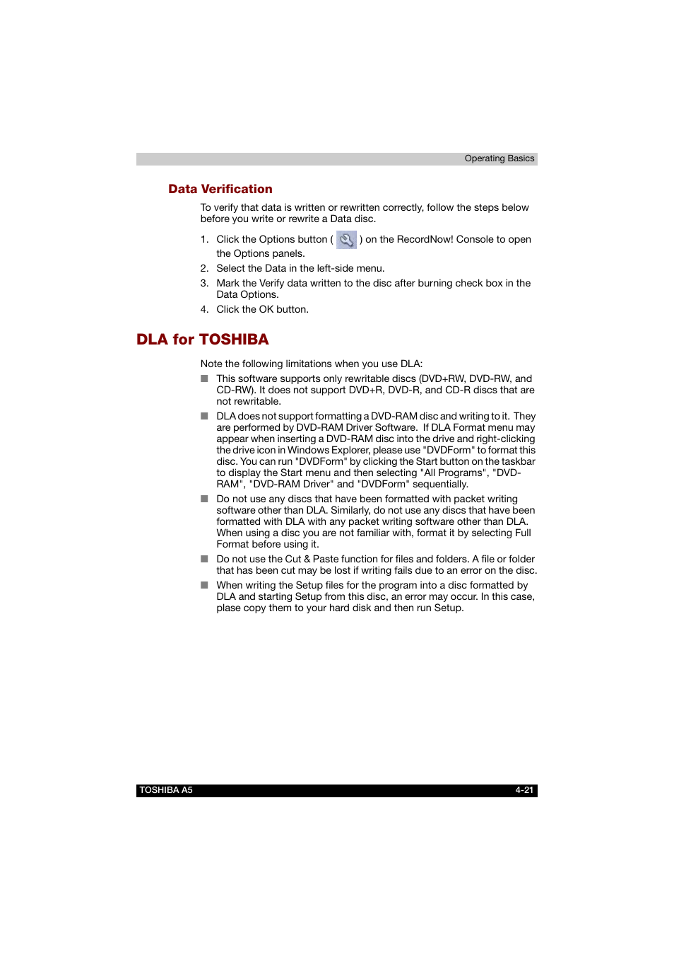 Data verification, Dla for toshiba, Dla for toshiba -21 | Toshiba Tecra A5 User Manual | Page 90 / 178