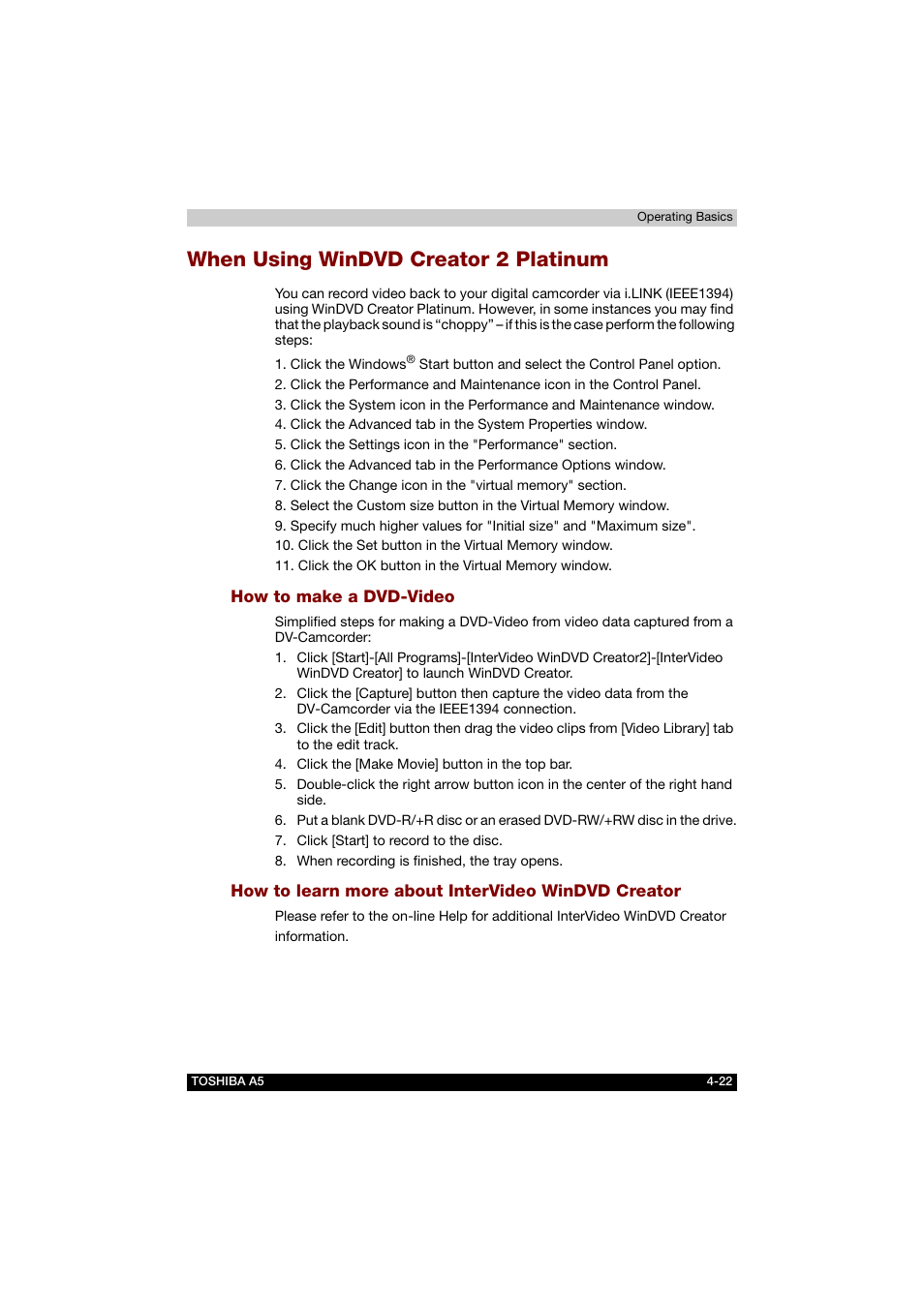 When using windvd creator 2 platinum, How to make a dvd-video, How to learn more about intervideo windvd creator | When using windvd creator 2 platinum -22 | Toshiba Tecra A5 User Manual | Page 91 / 178