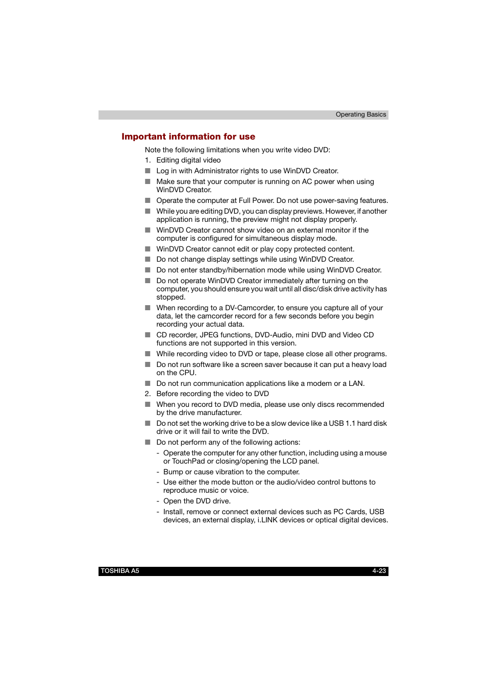 Important information for use | Toshiba Tecra A5 User Manual | Page 92 / 178