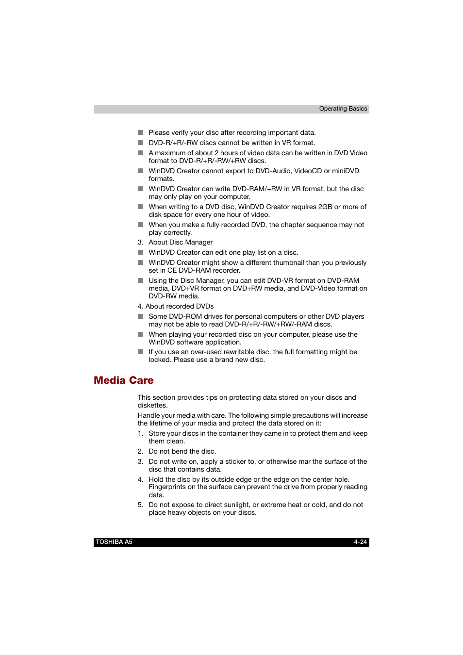 Media care, Media care -24 | Toshiba Tecra A5 User Manual | Page 93 / 178