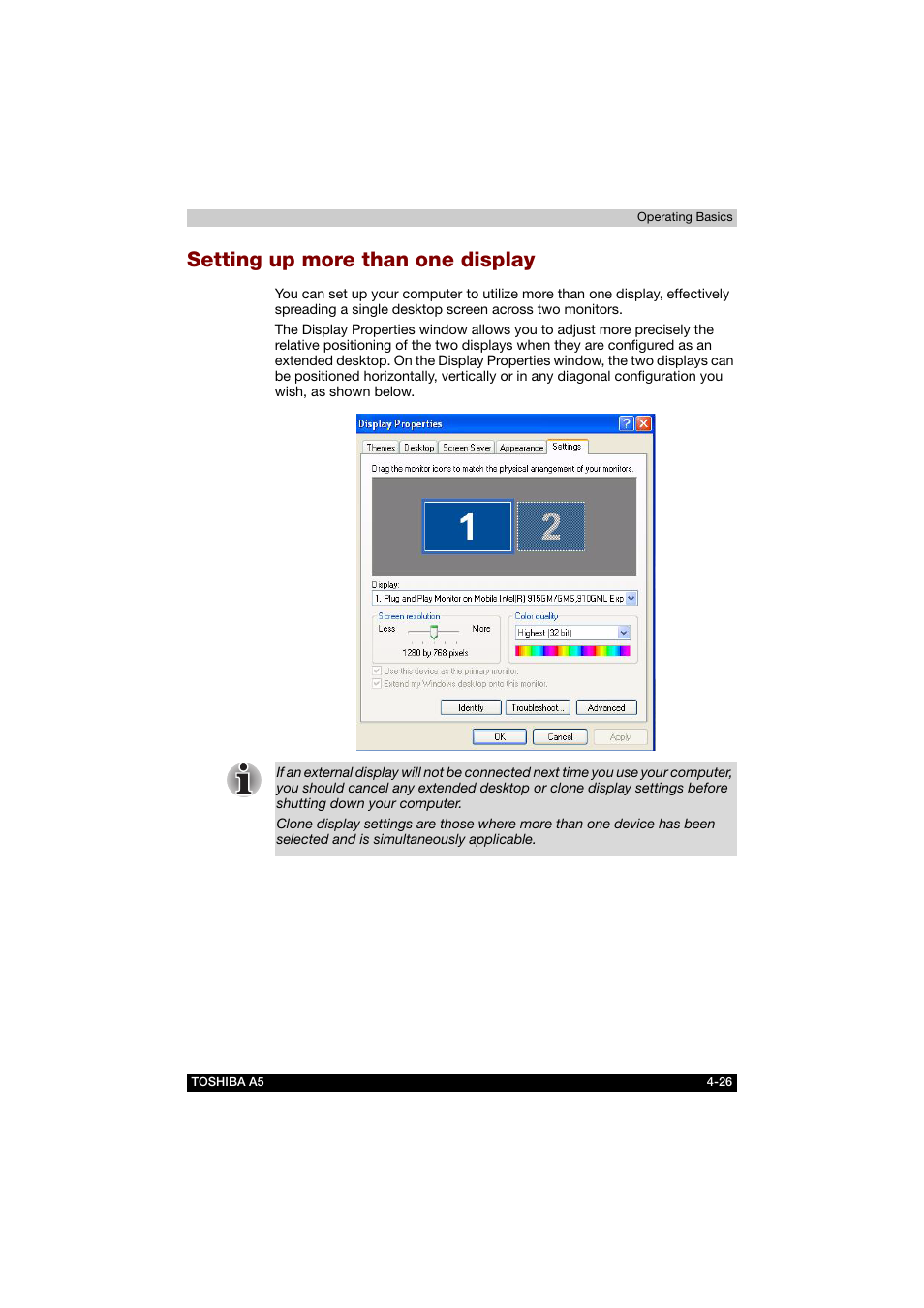 Setting up more than one display, Setting up more than one display -26 | Toshiba Tecra A5 User Manual | Page 95 / 178