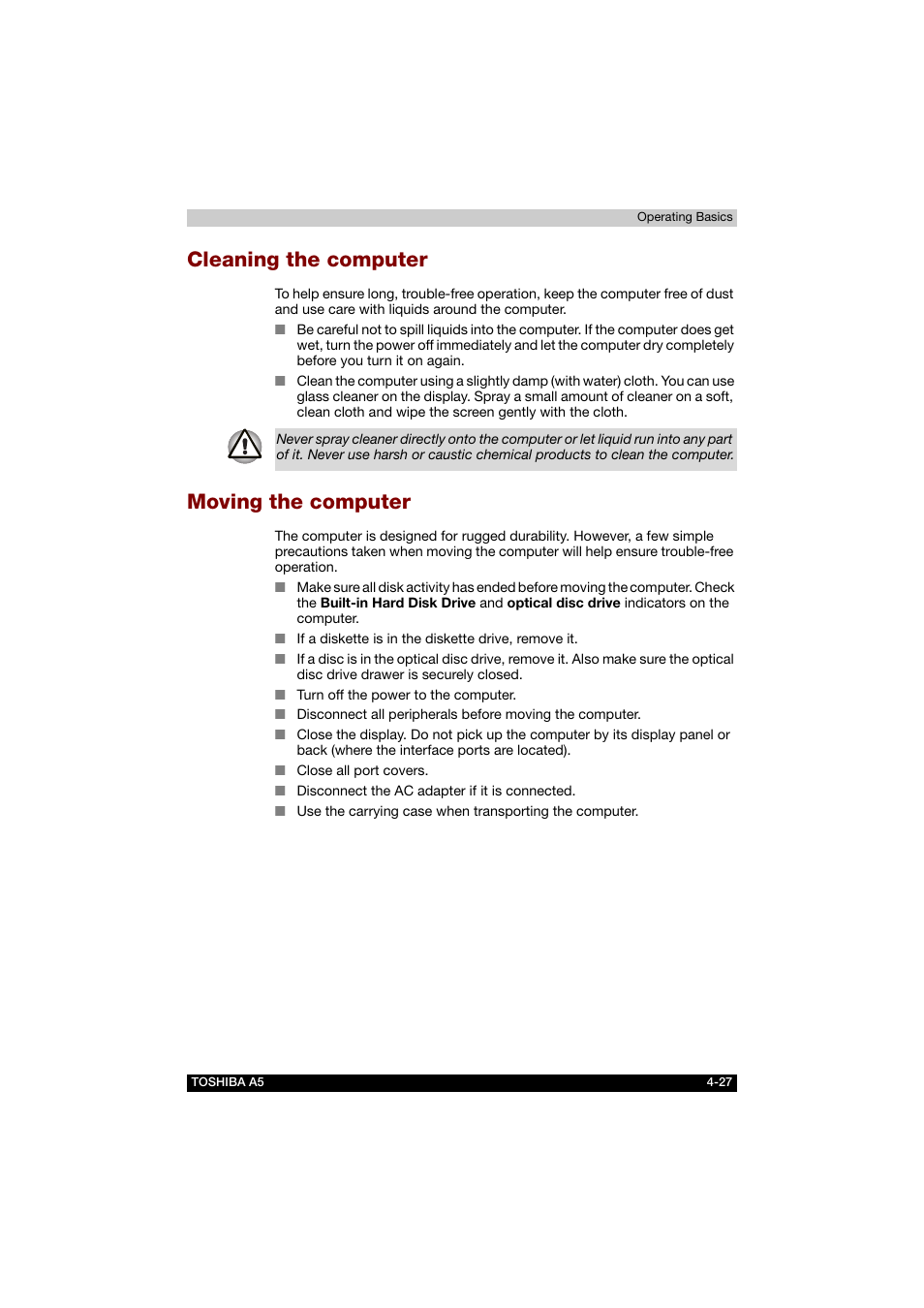 Cleaning the computer, Moving the computer, Cleaning the computer -27 moving the computer -27 | Toshiba Tecra A5 User Manual | Page 96 / 178