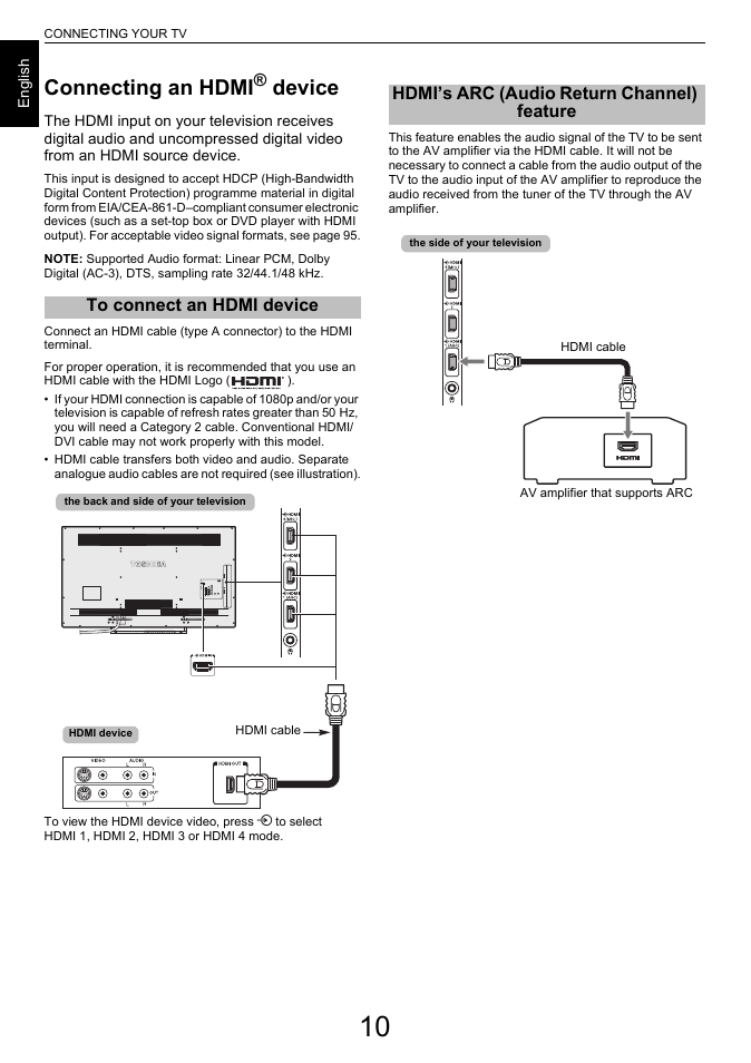 Connecting an hdmi® device, To connect an hdmi device, Hdmi’s arc (audio return channel) feature | Connecting an hdmi, Device | Toshiba L7463 User Manual | Page 10 / 104