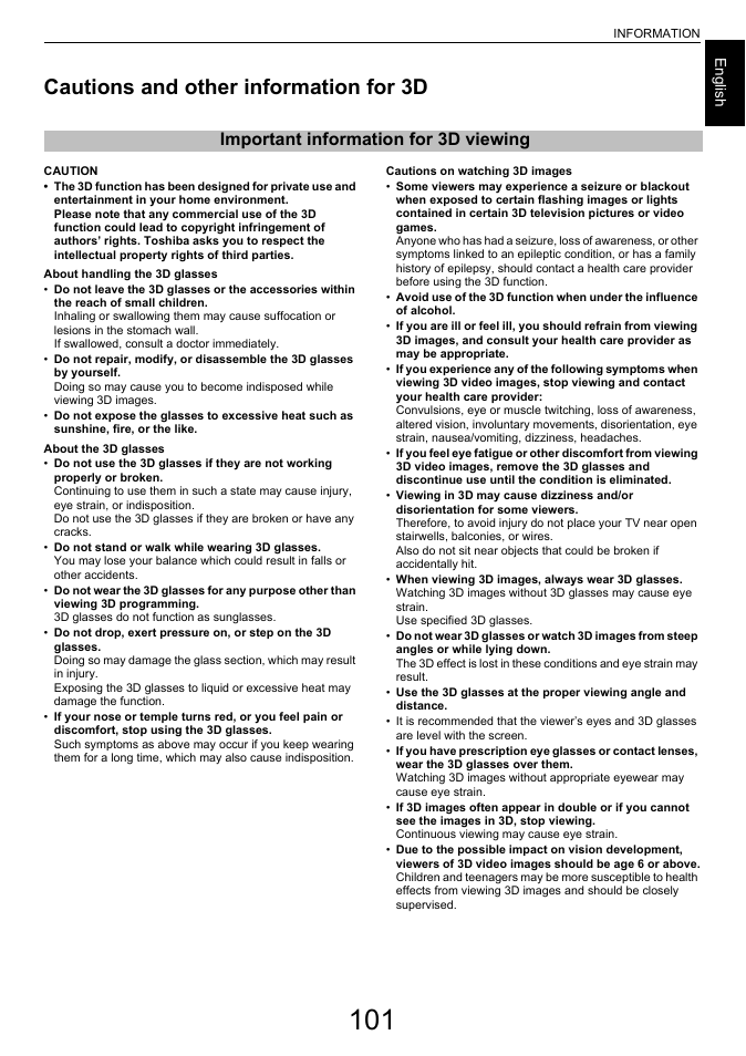 Cautions and other information for 3d, Important information for 3d viewing” s, Age 101 | Important information for 3d viewing | Toshiba L7463 User Manual | Page 101 / 104