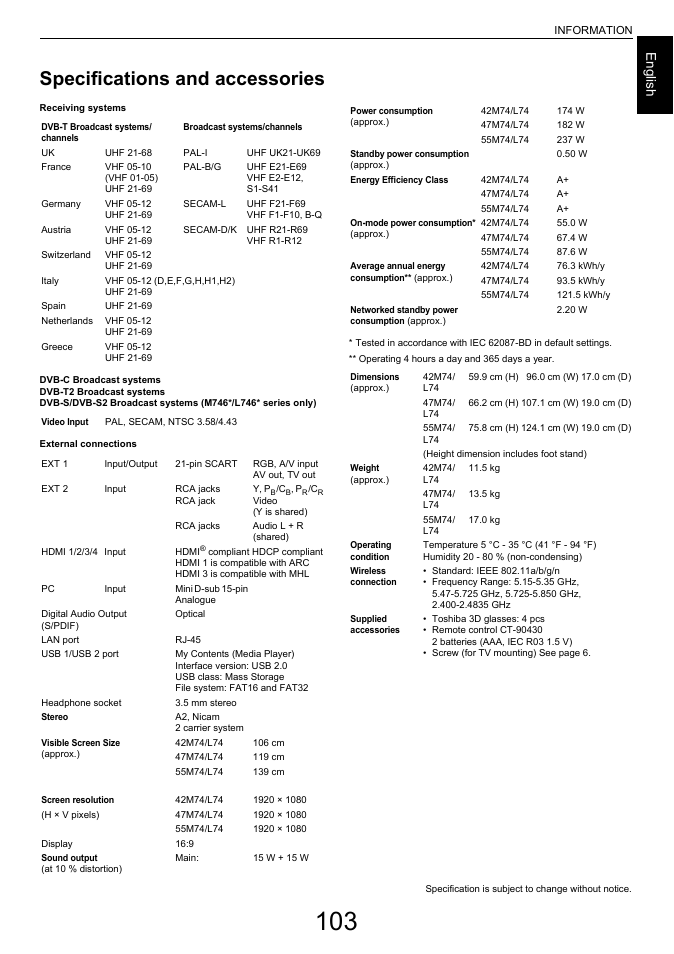 Specifications and accessories, Engl ish | Toshiba L7463 User Manual | Page 103 / 104