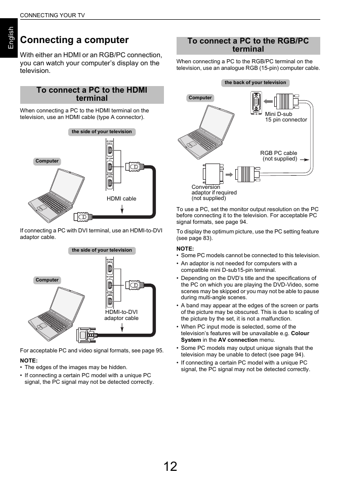 Connecting a computer, To connect a pc to the hdmi terminal, To connect a pc to the rgb/pc terminal | Toshiba L7463 User Manual | Page 12 / 104