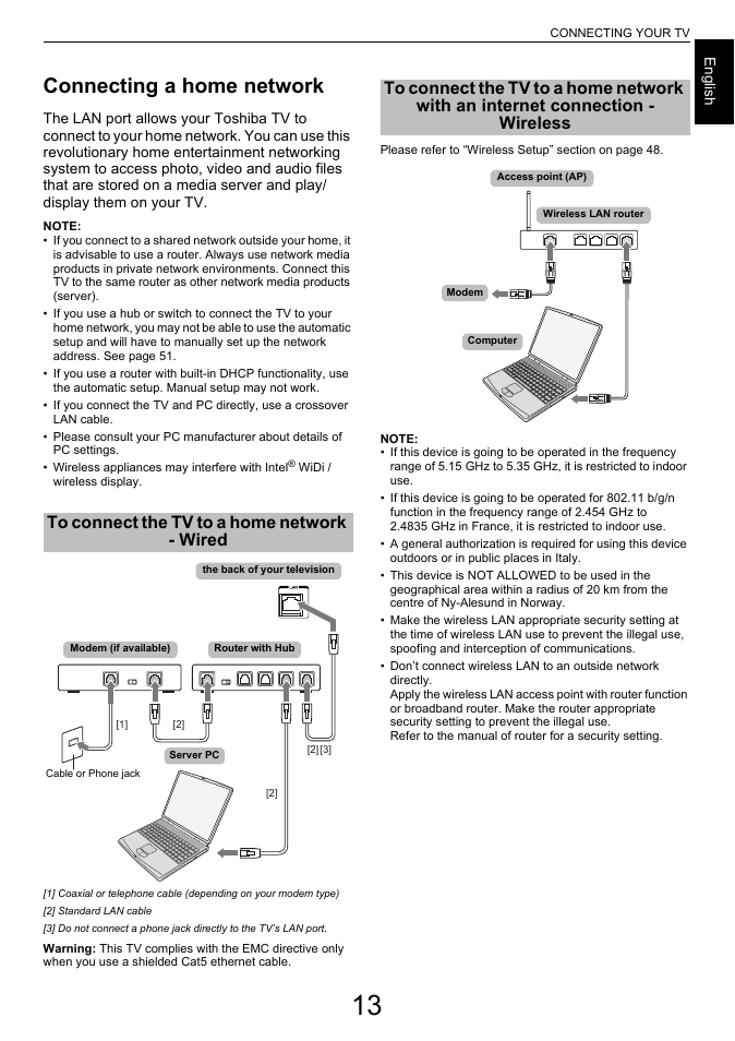 Connecting a home network, To connect the tv to a home network - wired, Internet connection - wireless | Toshiba L7463 User Manual | Page 13 / 104